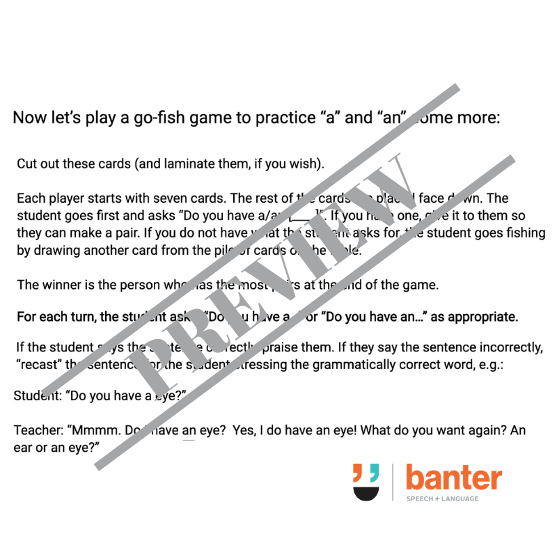 Speech　workout:　plus　“a”　articles　Banter　“an”　L261)　and　game　Fish'　Sentence　'Go　indefinite　Language